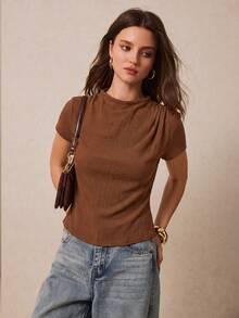 Poéselle 女士纯色褶皱肩短袖休闲T恤 - 棕色 - 查看 3