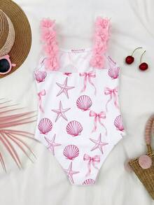 Emery Rose Kids Emery Rose Kids Young Girl Striped Bow Floral One-Piece Swimsuit - Pink - View 3