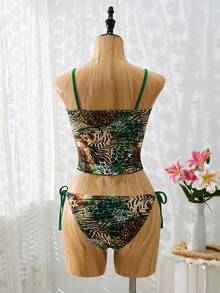 Bellisia 女士两件套性感随机花卉动物印花系带吊带背心和侧系带三角比基尼泳衣套装，夏季 - 彩色 - 查看 2
