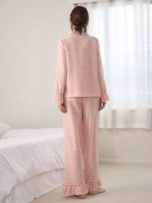 Ocili 波西米亚风印花棉质灯笼袖上衣和裤子女士睡衣套装，秋冬服装 - 粉色 - 查看 4