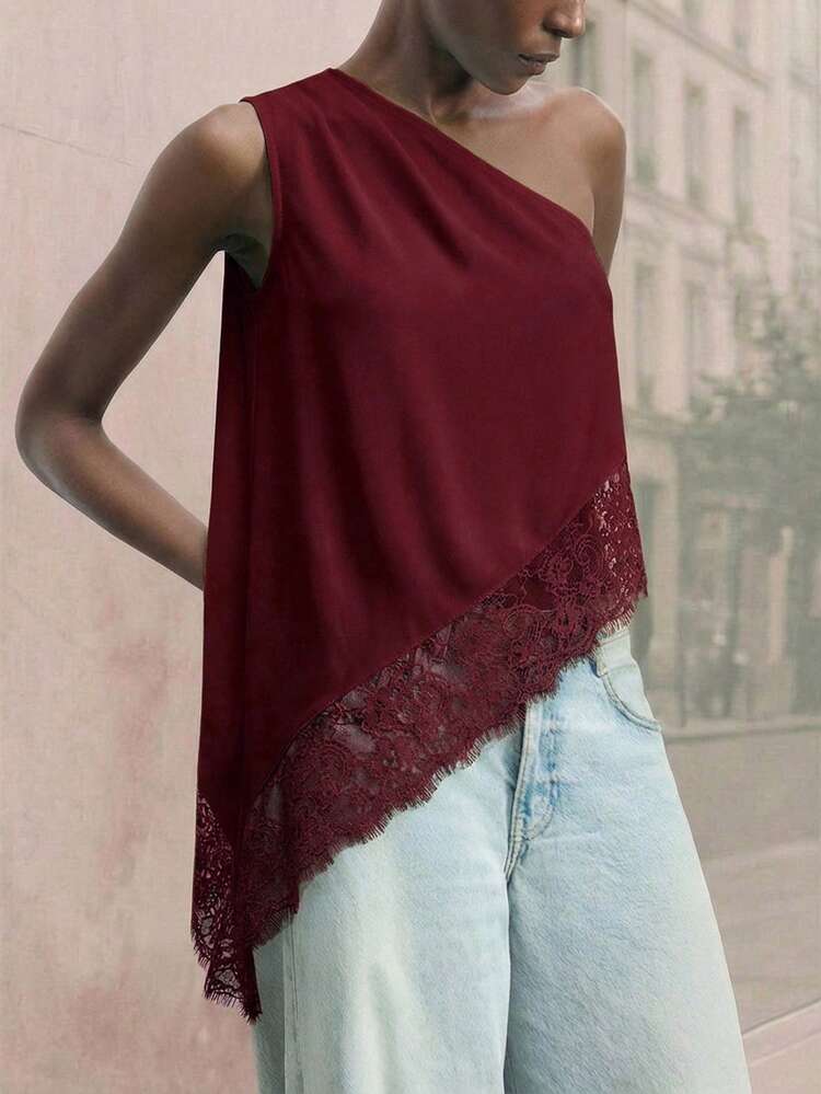 SHEIN Maija 2026 Spring/Summer Early Autumn Independence Day July Outfit Women's Off-Shoulder Design Modern Urban Ladies Summer Oblique Shoulder Solid Color Pleated Sleeveless Casual Top