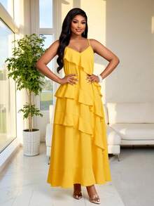 Brilight Women's Elegant Yellow Summer Tropical Garden Party Vacation Holiday Dress, Spaghetti Straps Irregular Lotus Leaf Hem Beach Sundress - Yellow - View 3