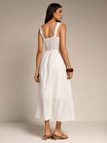 Women's Elegant Spaghetti Strap Deep V-Back Lace Midi Dress, A-Line, Suitable For Spring/Summer Outings, Weddings, Wedding Guests - White - View 2