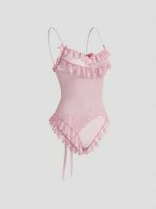 DAZY Lace & Mesh Patchwork Semi-Sheer Floral Decor Bodysuit, Fitted Spaghetti Strap Ruffle Trim Sexy Jumpsuit For Women - Pink - View 1