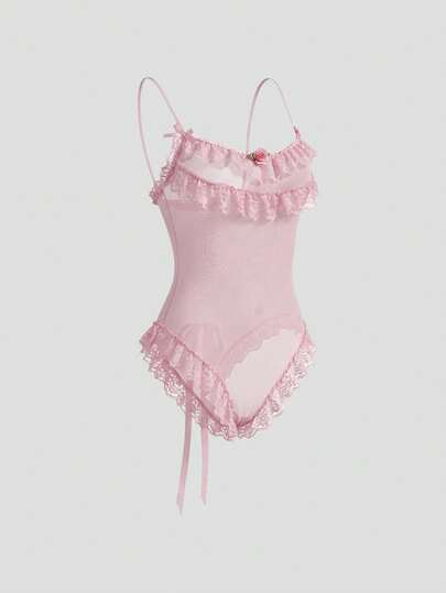 DAZY Bộ đồ liền thân phối ren và lưới, xuyên thấu, họa tiết hoa, ôm sát, dây mảnh, viền bèo nhún, gợi cảm dành cho nữ.