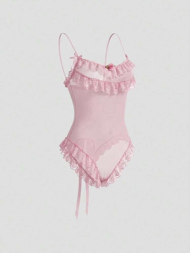 Lace & Mesh Patchwork Semi-Sheer Floral Decor Bodysuit, Fitted Spaghetti Strap Ruffle Trim Sexy Jumpsuit For Women