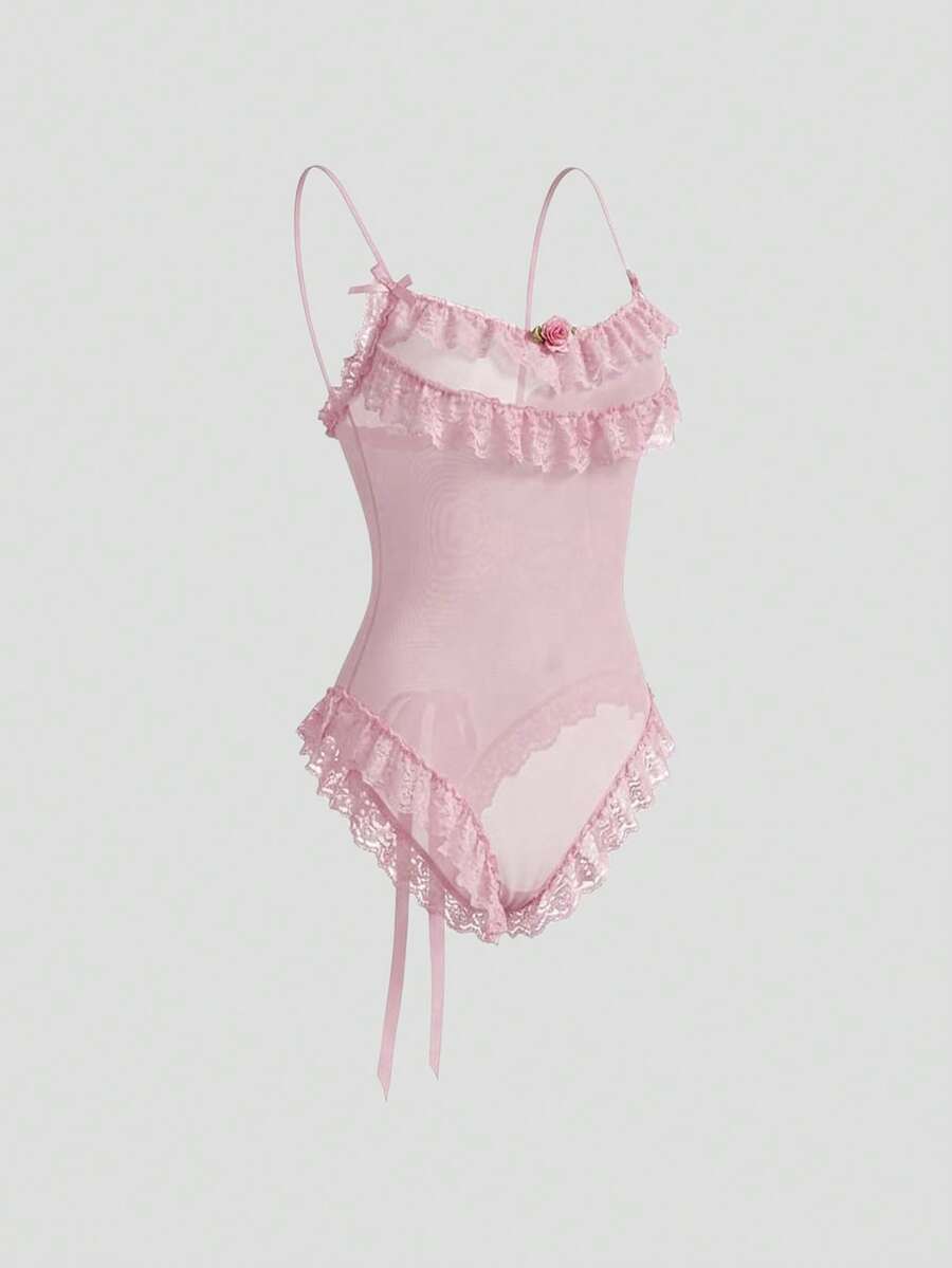 DAZY Lace & Mesh Patchwork Semi-Sheer Floral Decor Bodysuit, Fitted Spaghetti Strap Ruffle Trim Sexy Jumpsuit For Women - Pink - View 1