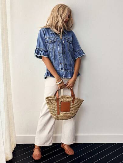 EMERY ROSE Áo khoác denim nữ cỡ lớn, kiểu dáng thường ngày, cài một hàng khuy, viền rách, đa năng.