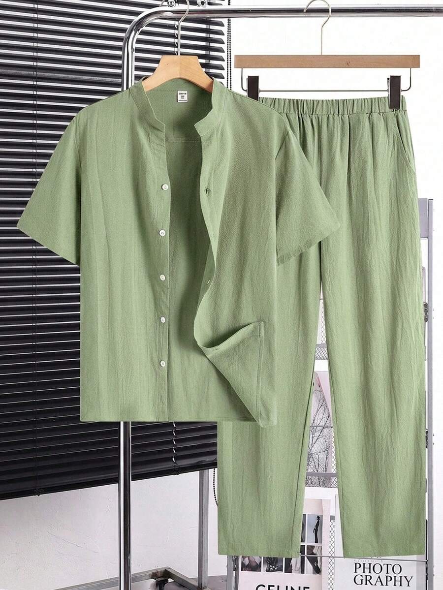 SHEIN 青少年男童两件套休闲宽松百搭舒适高性价比立领梭织短袖衬衫裤套装 - 薄荷綠 - 查看 1