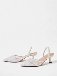 CUCCOO HITCHD 女款四季珍珠串珠刺繡網元素尖頭細高跟鞋 氣質時尚性感 Slingback 綁帶穆勒鞋 露跟高跟涼鞋 婚禮下午茶派對情人節伴娘新娘婚鞋 優雅穿搭 - 白色A - 查看 4