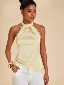 Travachic Áo quây hở lưng, viền ren satin thanh lịch, vạt áo bất đối xứng. - Màu vàng - Xem 4