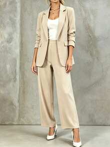 LUMIGAL Women's Solid Color Lapel NeckLong Sleeve Blazer And Pants Casual Office Commute Suit - Khaki - View 1