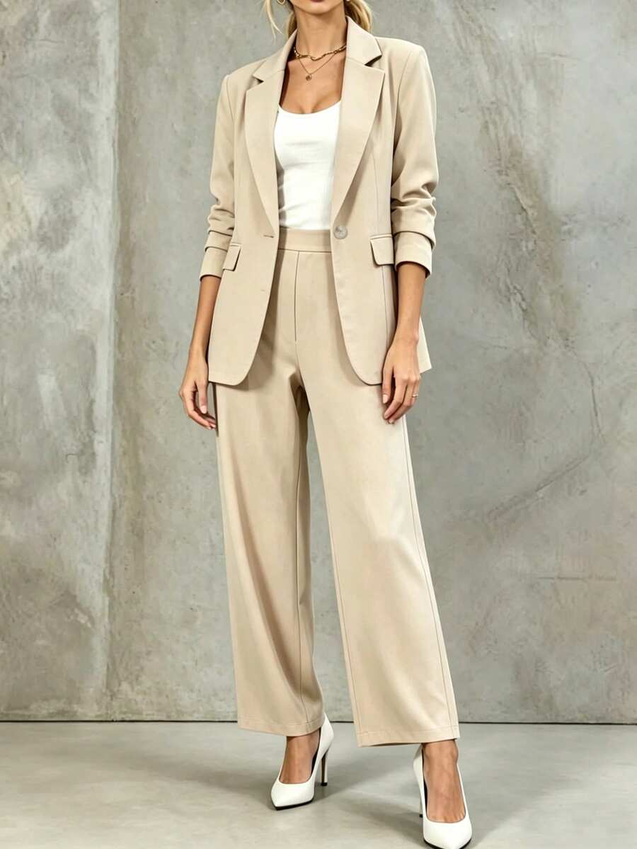 LUMIGAL Women's Solid Color Lapel NeckLong Sleeve Blazer And Pants Casual Office Commute Suit - Khaki - View 1