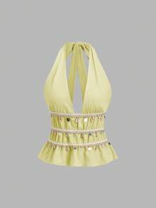 SHEIN Sweetro Bộ đồ nữ phong cách Bohemian màu mơ gồm áo hai dây cổ chữ V, dây mảnh đính sequin hình vỏ sò và quần ống rộng thoải mái, thích hợp cho mùa xuân/hè. - Vàng nhạt - Xem 3