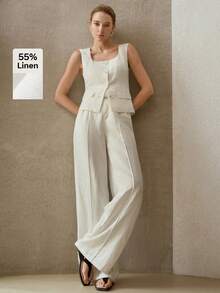 MOTF PREMIUM Pantalones de traje con cinturón y acabado arrugado de lino - Beis - Ver 2