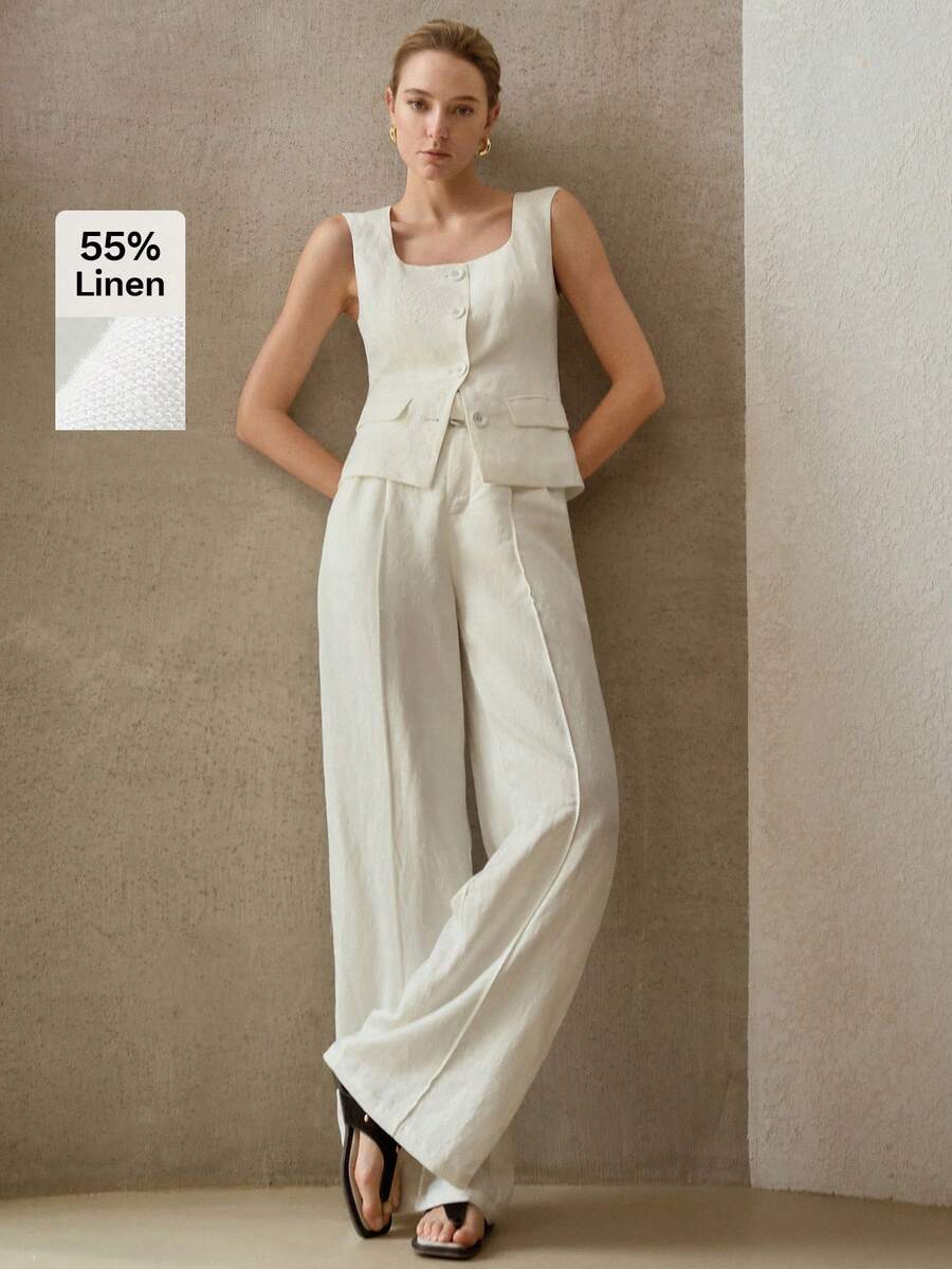 MOTF PREMIUM Pantalones de traje con cinturón y acabado arrugado de lino