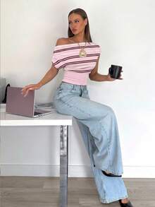 Siren Gaze Áo croptop nữ kiểu dáng thanh lịch, cổ lệch, xếp ly, thích hợp cho mùa hè, mặc hàng ngày, áo sơ mi kẻ sọc, trang phục mùa hè cho nữ. - Nhiều màu - Xem 4
