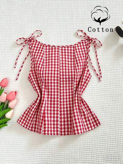 Sweetra Retro Red Plaid Design Casual Shirt With Cotton Blend, Bow Tie Decor, Versatile For Spring/Summer Commute, Fashion Chic Girlfriend Style