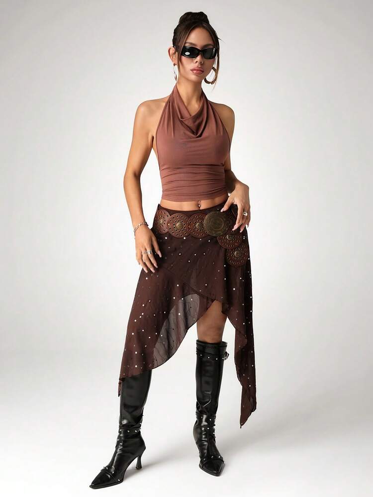 SHEIN ICON Jupe asymétrique à détails pailletés, à la mode, polyvalente, pour sortie, hippie, western, bourgogne, club, Coachella, fête, pour femmes style Y2K - Tabac - Voir 4