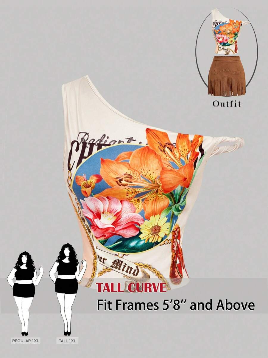 SHEIN Tall CURVE 大码女装夏季时尚度假休闲花卉字母印花不对称领修身衬衫 - 彩色 - 查看 1