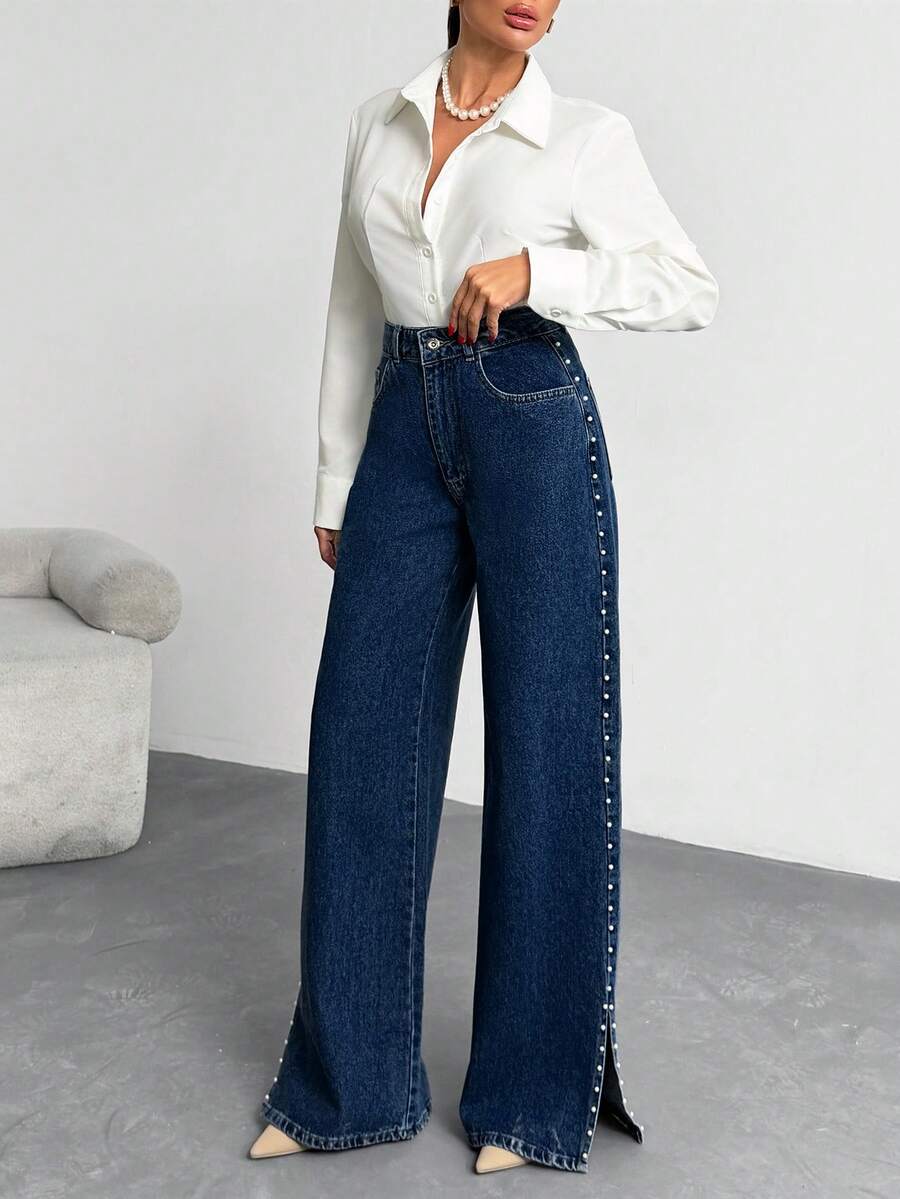 EURMUSE Pärljeans med hög midja och vida ben i denim med sidoslits - Mörktvätt - Visa 1