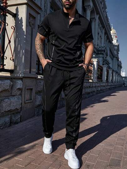 Manfinity Homme 男士休闲半拉链 Polo 衫和裤子套装