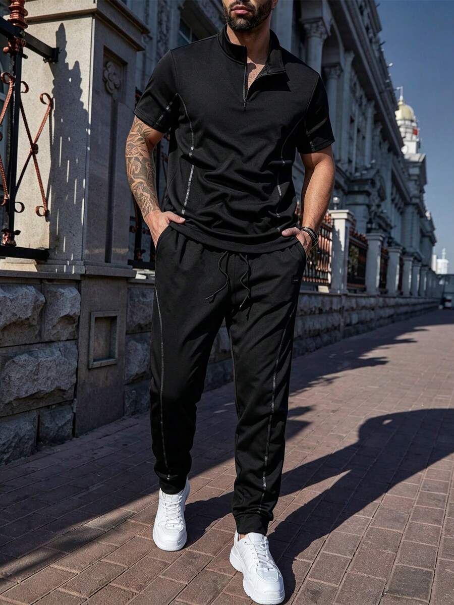 Manfinity Homme 男士休闲半拉链 Polo 衫和裤子套装 - 黑色 - 查看 1