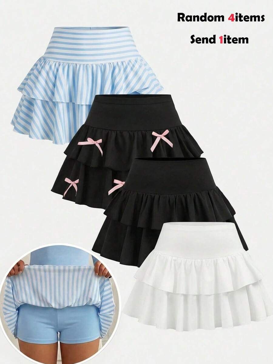 SHEIN Girlism 少女休闲、运动、上学、返校季，黑色荷叶边下摆短裤搭配伞裙，春夏装 - 彩色 - 查看 1