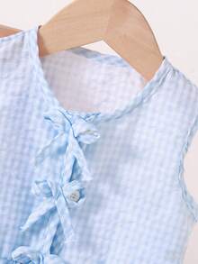 SHEIN Playful Pals 2件套女婴幼儿/新生儿0-3岁春夏休闲甜美日常度假条纹梭织无袖上衣和阔腿裤两件套 - 淺藍色 - 查看 6