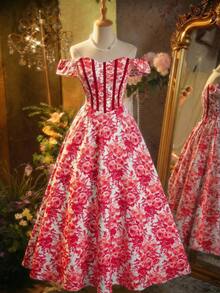 SHEIN MOD Đầm trễ vai in hoa màu xanh trắng dành cho nữ - Đỏ - Xem 3
