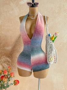 Soleia Women's Ombre Deep V-Neck Sexy Halter Knit Romper - Multicolor - View 3