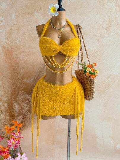 Soleia 春夏新款休闲度假西部海滩婚礼宾客服装毕业早午餐套装，圣帕特里克节春假复活节音乐节优雅波西米亚热带风情橙色流苏系带袖珍珠装饰女士两件套毛衣