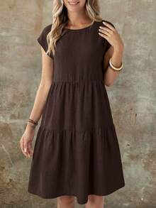 EMERY ROSE Vestido casual de mujer de manga corta, cuello redondo y longitud media, con apariencia de lino verde, para primavera/verano - Marrón Chocolate - Ver 4