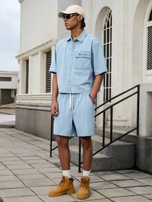 GALLERY FADE 男士街头时尚休闲条纹刺绣蓝色牛仔套装 - 淺色水洗藍 - 查看 5