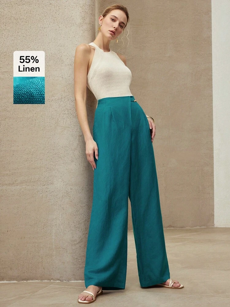 LINEN MINIMALIST ASYMMETRIC WAIST STRAIGHT WIDE-LEG PANTS, SPRING/SUMMER