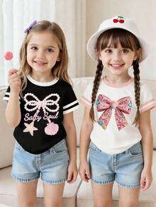 Tween Girl Y2K Cute Style 2pcs Set, Pearl Bow & Seashell Print Colorblock Striped Short Sleeve T-Shirt, Summer Beach Holiday Tee - Multicolor - View 3