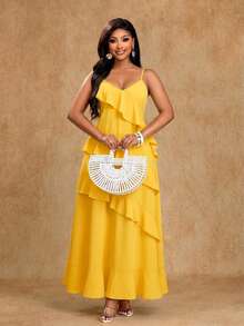 Brilight Women's Elegant Yellow Summer Tropical Garden Party Vacation Holiday Dress, Spaghetti Straps Irregular Lotus Leaf Hem Beach Sundress - Yellow - View 5