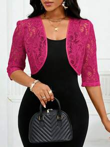 SHEIN Lady Women's Floral Lace 3/4 Sleeve Open Front Cropped Lightweight Jacket Office Outfits For Women In Spring/Summer Women's Spring Jacket Summer Summer Outfits Summer Clothes Cardigan For Women Women's Cardigan Cardigan Women Women's Cardigans Business Casual For Women Women's Beachwear Work Outfits For Women Beach Vacation Outfits For Women Women's Clothing Women's Clothes Teacher Outfits For Women Office Wear For Women - Hot Pink - View 5