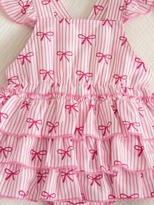 SHEIN Vintaside Kids Baby Girls' Cute & Fun Comfortable Woven Fabric Cap Sleeve Multilayer Ruffle Strap Romper, Suitable For Spring & Summer - Pink - View 6