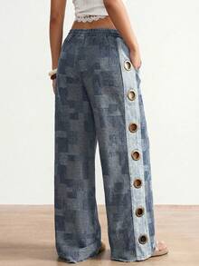 Bohemela Quần jeans ống rộng dáng suông, họa tiết graffiti đường phố, kiểu dáng thường ngày dành cho nữ, có khuy bấm bên hông. - Nhiều màu - Xem 2