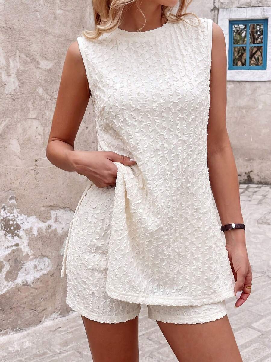 SHEIN LUNE Conjunto de 2 piezas de top corto sin mangas y shorts de moda básica para uso diario, vacaciones de verano y viajes, de mujer - Beis - Ver 1