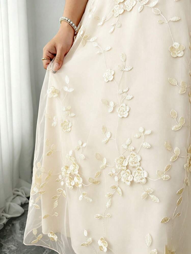 Elenzga Đầm nữ lãng mạn, thanh lịch, không tay, cổ vuông, thêu hoa. - Màu be - Xem 5