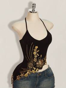 SHEIN ICON Áo quây hở lưng, thêu hoa đính sequin, kiểu dáng thường ngày dành cho nữ, thích hợp mặc mùa hè. - màu đen - Xem 3