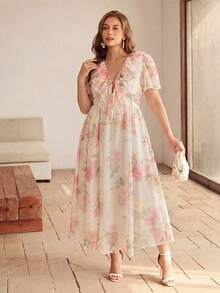 Roveilla Vestido de malla con estampado floral, cuello con volantes, cintura ceñida y mangas abullonadas, corte evasé, talla grande, para primavera/verano - Albaricoque - View 4