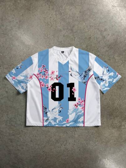 Manfinity ZONE917 方正短款运动风蓝白01号波浪、仙鹤和樱花印花拼接网眼V领T恤