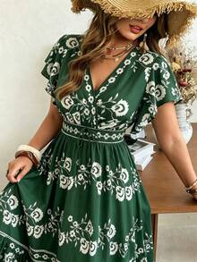 Ceyna Plus-Size Women's Summer Bohemian Business Casual Light Green Dress, Deep V-Neck With Ruffled Sleeves, Waist-Cinching A-Line Long Dress, Vacation - Multicolor - View 3