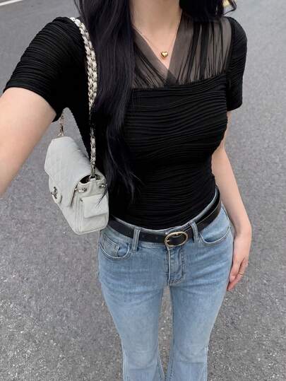 Feyla 新款拼接透视网纱修身短袖上衣