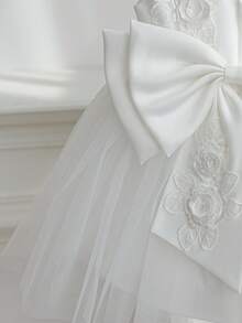 Glamorique Kids 女婴白色网纱缎面无袖连衣裙，花卉刺绣露背蝴蝶结装饰，简约度假风连衣裙，适合婚礼、生日、派对、舞台表演等场合，公主风 - 米色 - 查看 5