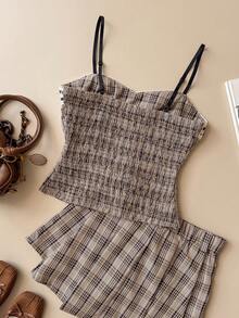 SHEIN Unity Summer Brown Plaid Lace Trim Adjustable Spaghetti Strap Back-To-School Top, Autumn Vintage School Office Everyday Lady Elegant Shirred Ruffle Wear - Multicolor - View 2