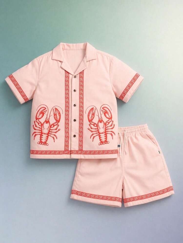 Boys Tween Summer Lobster Print Button Down Short Sleeve Shirt And Shorts Coordinate Set Beach Vacation Outfit
